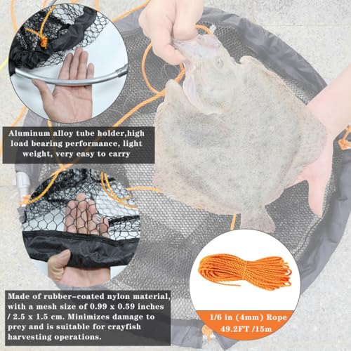 Large Collapsible Bridge Pier Fishing Net Rubber Coated Landing Net with Rod (31.5 x 31.5 x 35.4")