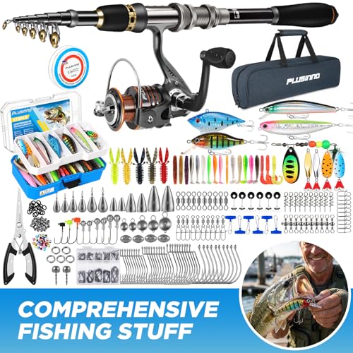 Fishing Rod and Reel Combo Pole Gear Kit Telescopic Beginner (Grey Rod &373pcs Tackle (6.89 ft))