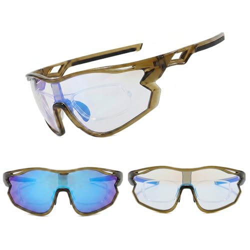 Polarized Sports Photochromic Sunglasses for Men Women with UV400 Protection for Baseball Cycling Running Driving TR90 Frame (Green Frame - Photochromic Blue Lens)