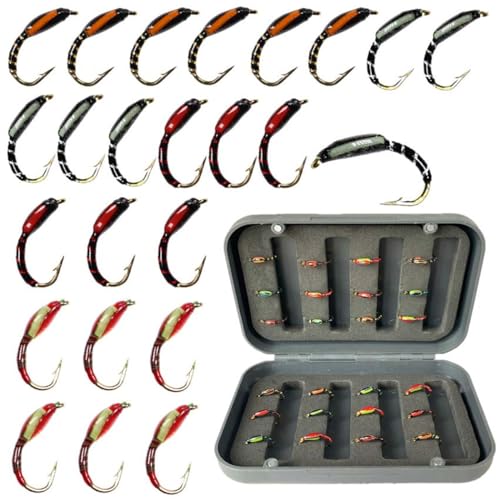 24Pcs Fly Fishing Flies Trout Lures Fishing Tackle Fly Fishing Flies with Boxed Trout Bass Artificial Fish Bait (24Pcs-Caddis Midges)
