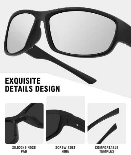 Sports Sunglasses for Men Women Polarized Classic Wrap Around Driving Cycling Golf Fishing Sun Glasses UV Protection 1 (1-black/Silver Mirror Lens)