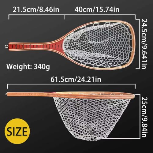 Fly Fishing Landing Net Trout Soft 23.62in Rubber Catch and Release Fish Net with Wooden Handle Frame Magnetic Fly Fish Net