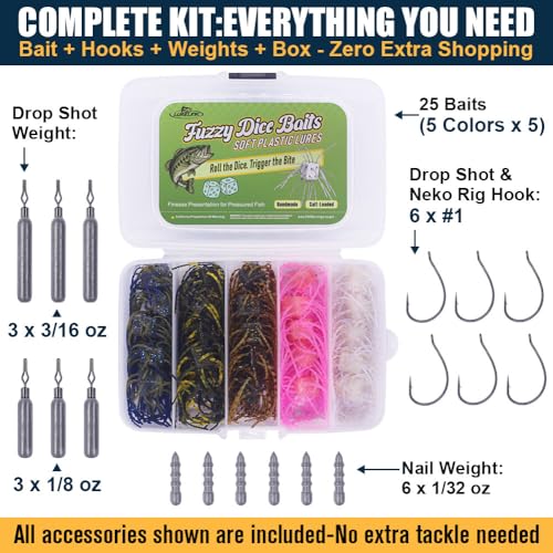 Fuzzy-Dice-Bass-Fishing-Lure-Kit-Soft-Plastic-Cube-Baits with Wacky Hooks & Nail Weights,Drop Shot Weights - Finesse Rig for Smallmouth & Largemouth Bass, FFS Optimized (Square Skirted Dice Kit) (Square Skirted Dice Kit)