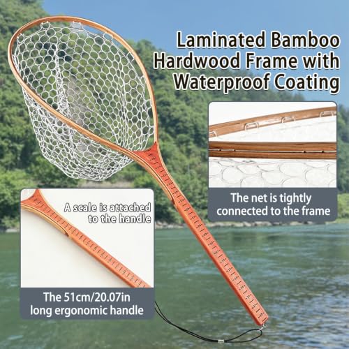 Fly Fishing Landing Net Trout Soft 23.62in Rubber Catch and Release Fish Net with Wooden Handle Frame Magnetic Fly Fish Net