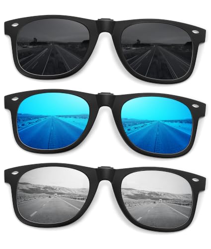 Polarized Clip On Sunglasses for Men Women (3pack-balck+blue Mirrored+silver Mirrored)