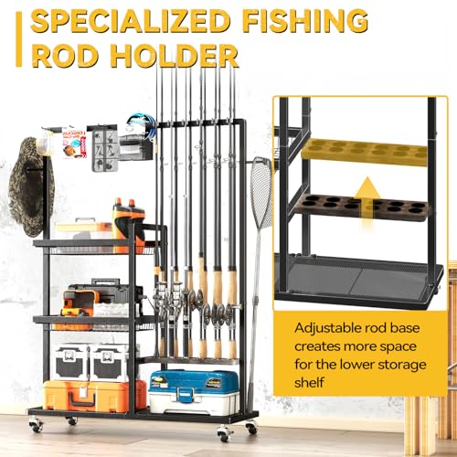 Fishing Rod Holders for Garage (Black / Standard with baskets)