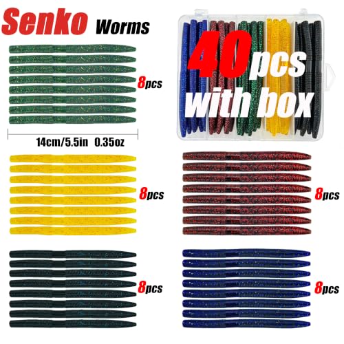 5 Colors 40 Pack Senko Worms for Bass Fishing (Set B (40pcs-0.35oz/5.5in))