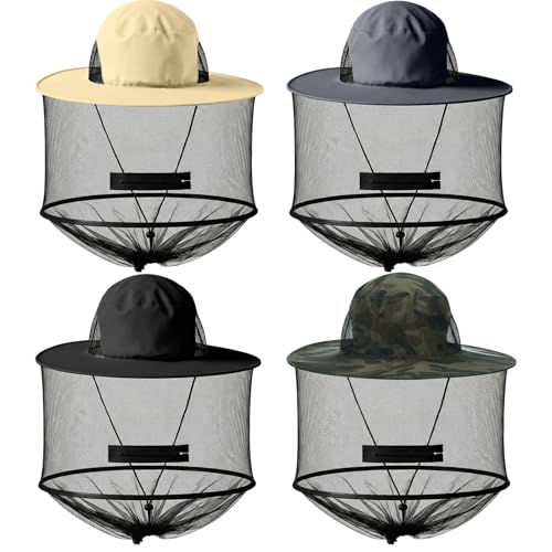 4 Pcs Mosquito Net Hat Sun Hat Mesh Fishing Bucket Cap Garden Bug Cap Face Cover with Zipper for Men Women (Dark Gray, Dark Beige, Deep Brown, Black)
