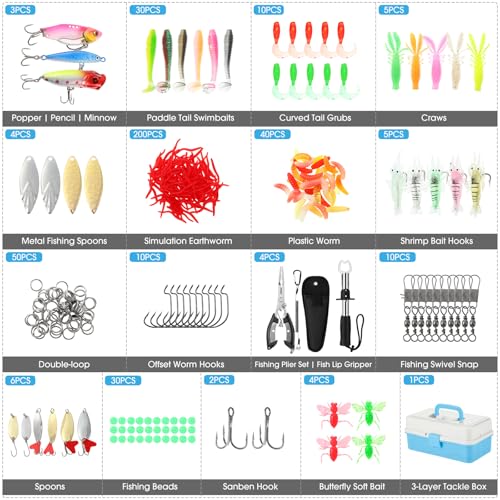 3 Layers Fishing Tackle Box 414 Pcs Fishing Gift Lures Gear Kit with Tackle Included Pliers Lip Gripper Bait Hook Accessories for Beginner Fisherman Women Men (Blue)