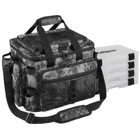 Fishing Tackle Bag with Rod Holders & Cooler Main Compartment (Camouflage Black)