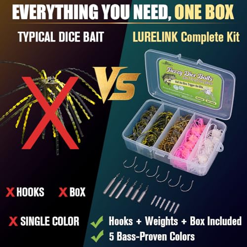 Fuzzy-Dice-Bass-Fishing-Lure-Kit-Soft-Plastic-Cube-Baits with Wacky Hooks & Nail Weights,Drop Shot Weights - Finesse Rig for Smallmouth & Largemouth Bass, FFS Optimized (Square Skirted Dice Kit) (Square Skirted Dice Kit)