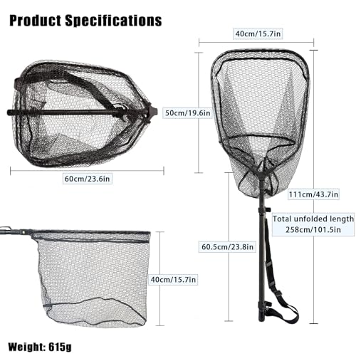 101.5in Large Fishing Net with Handle Carbon Fiber Coated Rubber Telescoping Minnow Long Landing Pond Net Collapsible Kayak Folding Fish Net