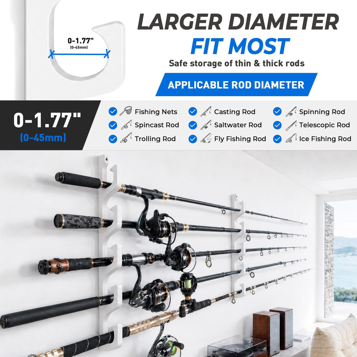 H5W Solid Wood Fishing Rod Holder (White / 2packs holds up 10 rods)