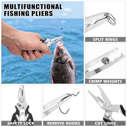 10-in-1 Fishing Pliers Kit with Line Cutter & Lip Gripper - Saltwater & Freshwater Fishing Tools for Anglers - Steel Fishing Gear with Lanyard - Portable Fishing Accessories Kit (10Pcs)