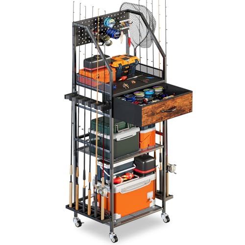 Fishing Rod Holder Organizer with Fabric Drawer & Pegboard (Single Row / Modern)
