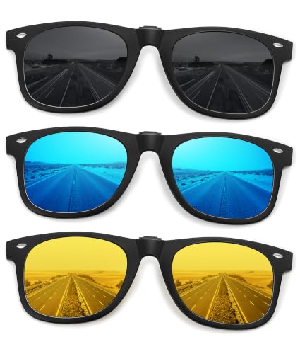 Polarized Clip On Sunglasses for Men Women (3pack-balck+blue Mirrored+yellow)