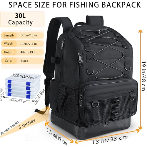 Fishing Backpack with 4 Tackle Boxes (Pure Black)