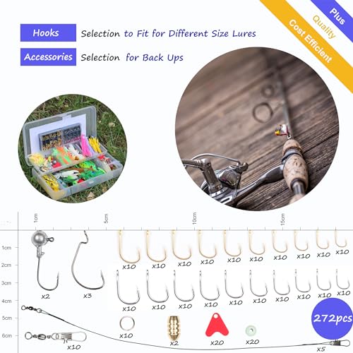 399pcs Fishing Lures Set Fish Lure kit for Bass Trout Salmon Freshwater Fish tackle kit Including Plastic Shrimp worm bait Spoon grasshopper Crankbait Jigs Hooks fishing gear and equipment (Black-399pcs)