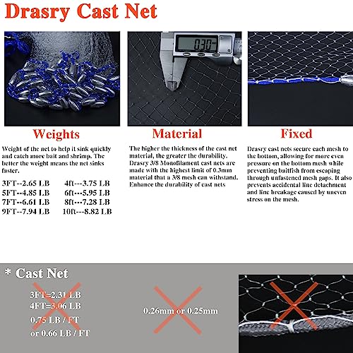 3 8 Saltwater Fishing Cast Net for Bait Trap with Heavy Lead Sinkers Fish Throw Net. Size 3ft (10FT (300cm) Radius / Lead Sinkers-3/8mesh-0.3mm Mono)