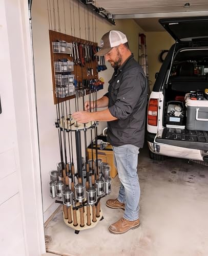 Fishing Rod Holder Pole Rack for Garage with Wheels (Natural Wood Grain)