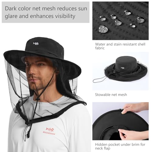 UPF 50+ Mosquito Net Hat with Stowable Neck Flap for Men Women Outdoor Fishing Hiking Camping Gardening FH17 Black (Medium / Black)