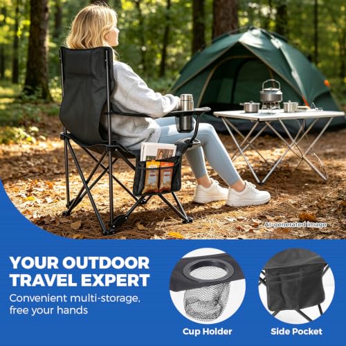 Camping Chairs 2Pack Beach Outdoor Chair for Adults Folding Lawn Chair with Cup Holder (Black)