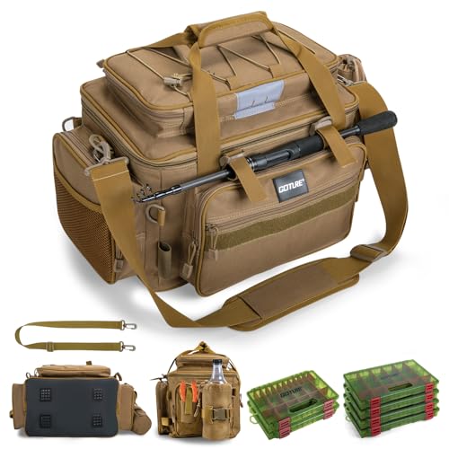 Fishing Tackle Bag with 4PCS 3700 & 2PCS 3600 Tackle Boxes (C3:Khaki with (4)3700&(2)3600 Tackle Boxes / Large)