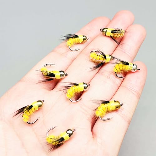 10Pc Fishing Lure #8 Bright Colors Brasshead Bionics Humpy Fly Nymph Wet Flies Insect Bait Pike Trout Salmon Bass Fly Fishing Flies (Yellow)