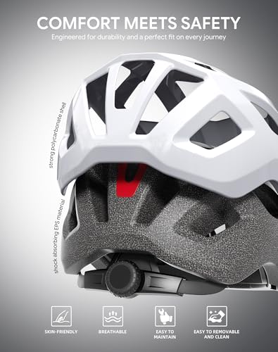 Adult Bike Helmet Rear Light & OTG Magnetic Goggles for Men Women (White / Medium)
