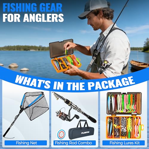 Fishing Rod and Reel Combo Pole Gear Kit Telescopic Beginner (Grey Rod &137pcs Tackle &Net(6.89 ft))