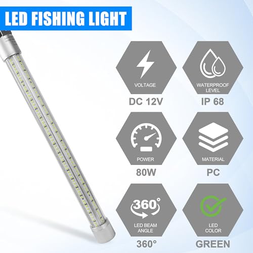Underwater Fishing Light 80W 12V 40000 Lumens Green Attracting Fish Light LED Fishing Light Submersible Fish Finder Lamp IP68 Waterproof for Freshwater and Saltwater