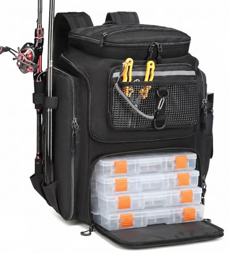 Fishing Backpack with Rod Holders (Black (4 Tackle Boxes Included))