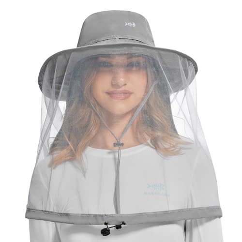 UPF 50+ Mosquito Net Hat with Stowable Neck Flap for Men Women Outdoor Fishing Hiking Camping Gardening FH17 Light Grey (Large / Light Grey)