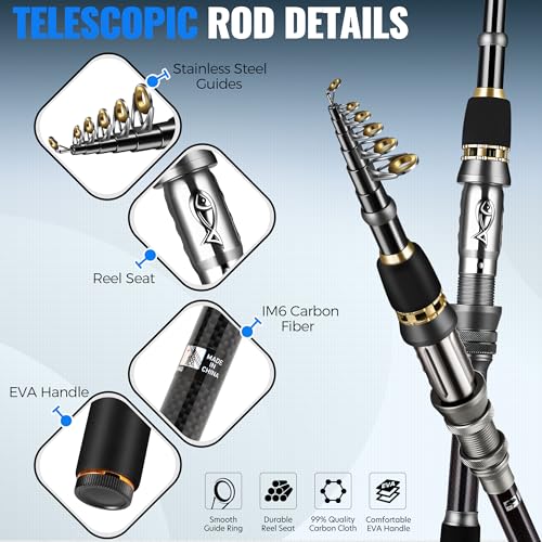 Fishing Rod and Reel Combo Pole Gear Kit Telescopic Beginner (Grey Rod &137pcs Tackle &Net(6.89 ft))