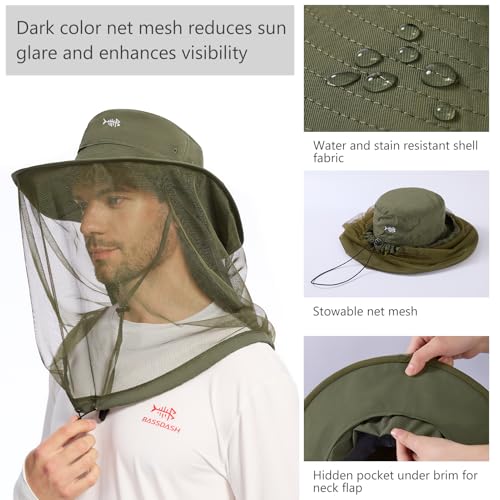 UPF 50+ Mosquito Net Hat with Stowable Neck Flap for Men Women Outdoor Fishing Hiking Camping Gardening FH17 Army Green (Large / Army Green)