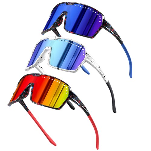 3Pack Polarized Kids Sunglasses UV400 for Youth Softball Running Cycling (7425 - Bluered)