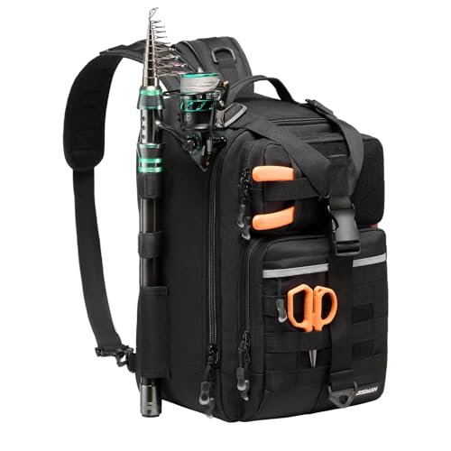 Convertible Fishing Backpack Sling Bag with Rod Holder (Black / Large)