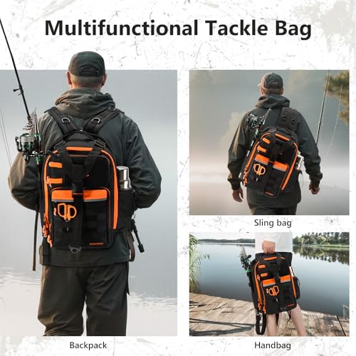 Convertible Fishing Backpack Sling Bag with Rod Holder (Black/Blaze Orange / Large)
