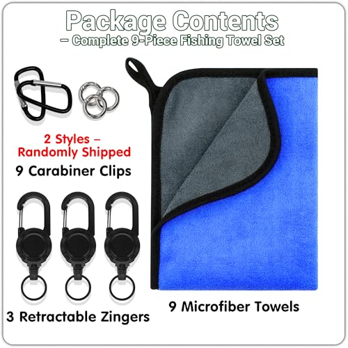 3 Pack Mixed Color Fishing Towels with Clip & Zinger Retractor