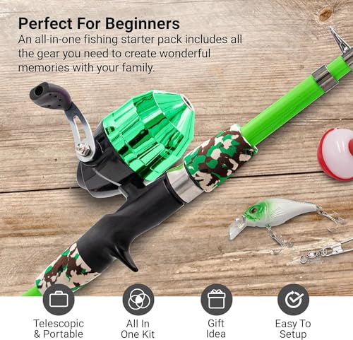 Beginner Kids Fishing Pole & Tackle Box (Camo Green / 1.2m or 3.9FT)