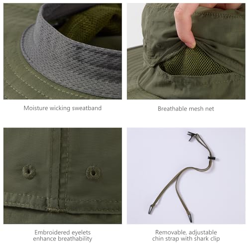 UPF 50+ Mosquito Net Hat with Stowable Neck Flap for Men Women Outdoor Fishing Hiking Camping Gardening FH17 Army Green (Large / Army Green)