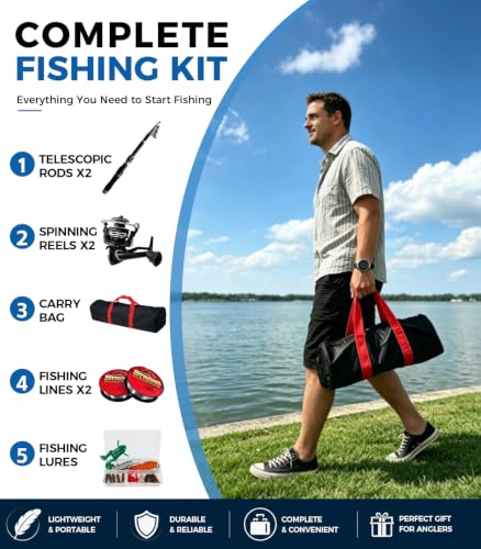2 Pack Telescopic Fishing Rod and Reel Combo with Lures and Carrier Bag (2 Silver Reel)