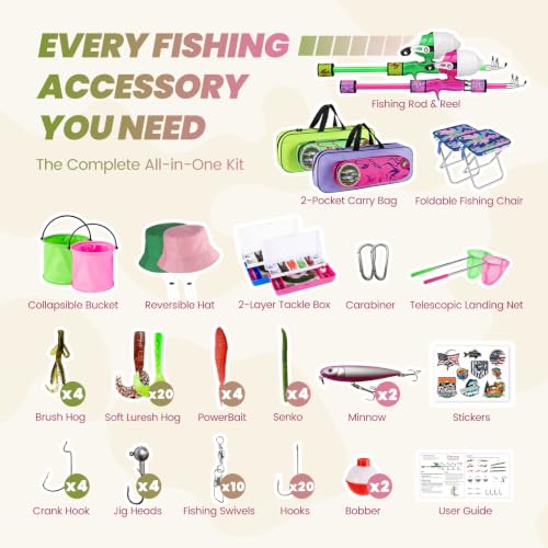 Kids Fishing Pole (Pink & Green / 3.94-ft Set + Chair + Hat)
