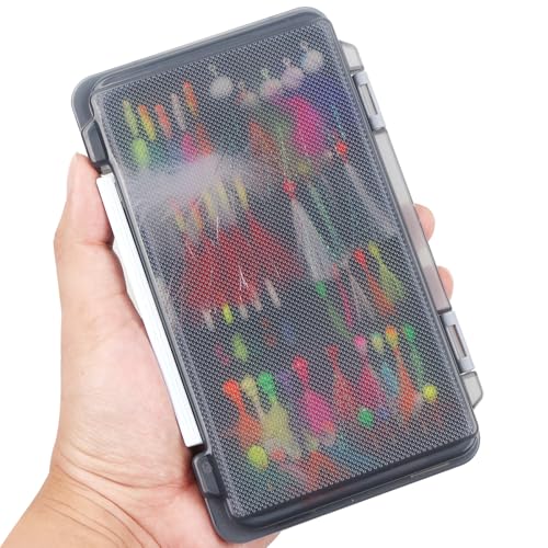 Ice Fishing Jigs Kit 100pcs Lures Bait Icefishing Set Crappie Jig Hooks Gear Accessories for Walleye Panfish with Tackle Box Gifts for Men (50pcs Fly Ice Jig with Lure Box)