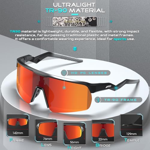 Lightweight Running Sunglasses Women Men Wrap Around UV400 Sports (2026-black Frame-red Lens /Mirrored)