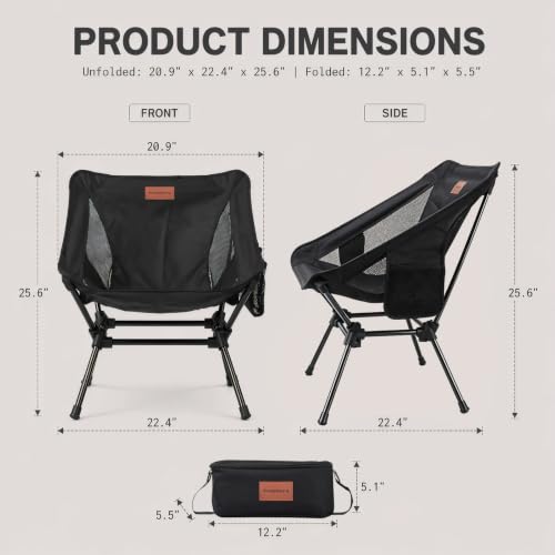 2 Pack Lightweight Camping Chairs for Adults & Teens (Black)