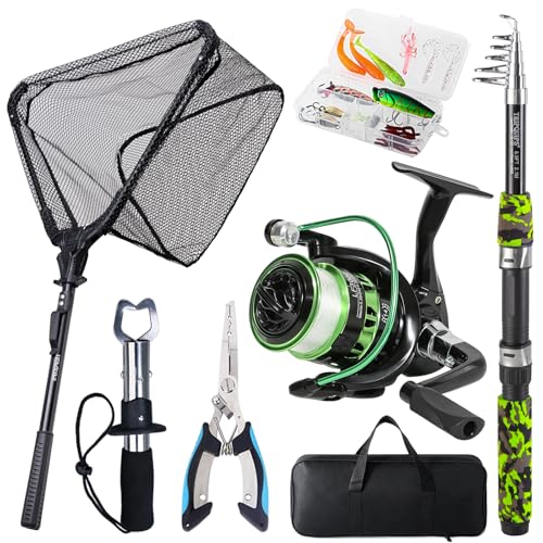 Fishing Rod and Reel Combo with Fishing Net (Green / 6.9ft Spinning Combo)
