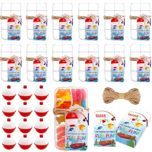 24 Set Fishing Candy Little Tackle Boxes for Birthday Party Favors with 24 Fishing Bobber 24 Thank You Cards for Making My Party Reel Fun Gone Fishing Theme Supplies Fishing Decorations