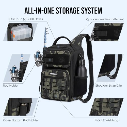 Fishing Sling Bag with 3500 Tackle Box & Fishing Gear (Black Camo)
