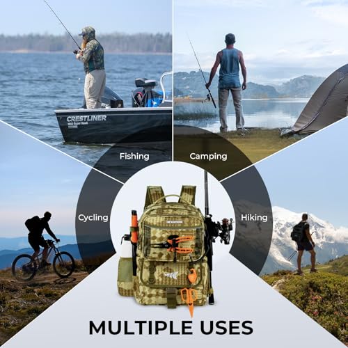 BaitSpace 50L Fishing Backpack with 4 Tackle Boxes (D: Khaki Camo / With (4) 3600 tackle boxes)